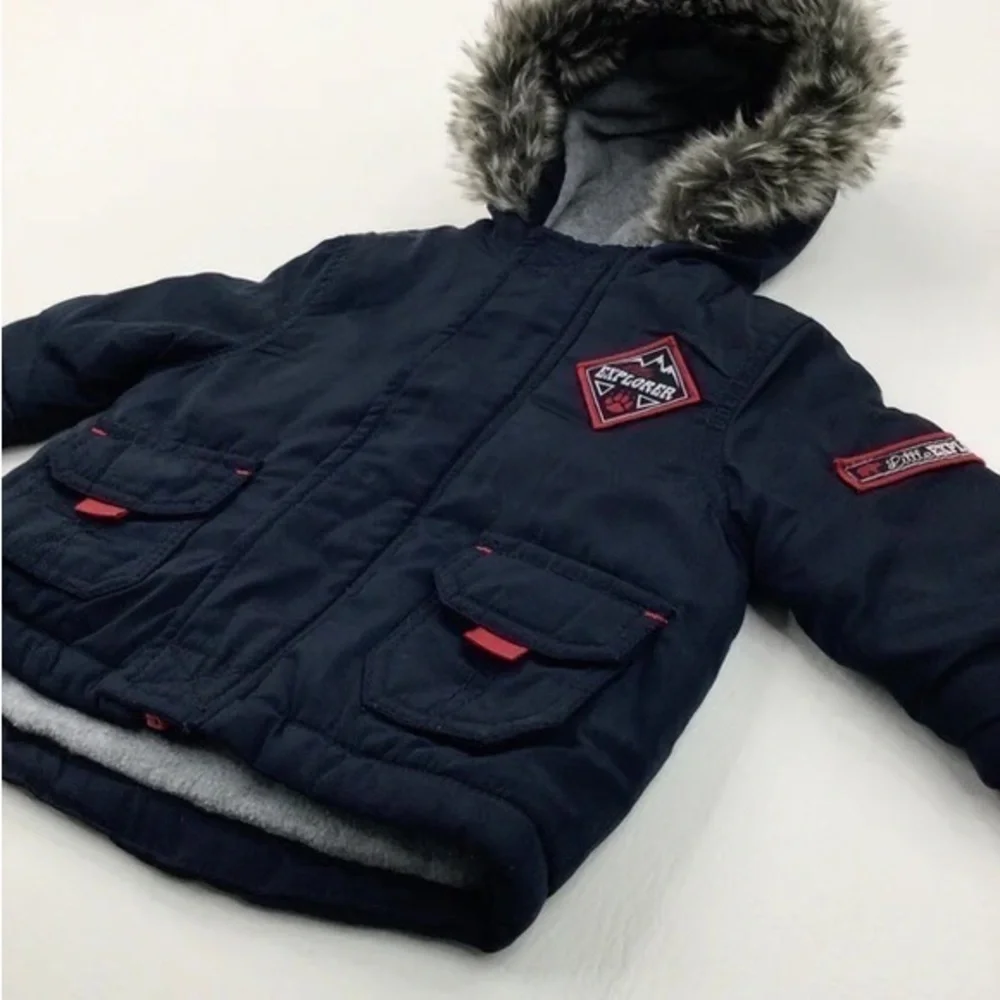 Little Explorer Navy Blue Red Fur Lined Parka Winter Coat Boy’s Size 3-6 months
